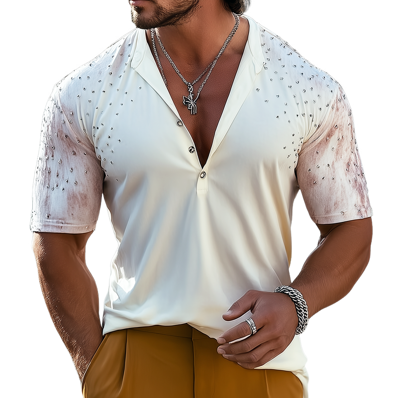 Men's Punk Rivets Print Short Sleeve Henley Collar T-shirt MTA1703G0Z