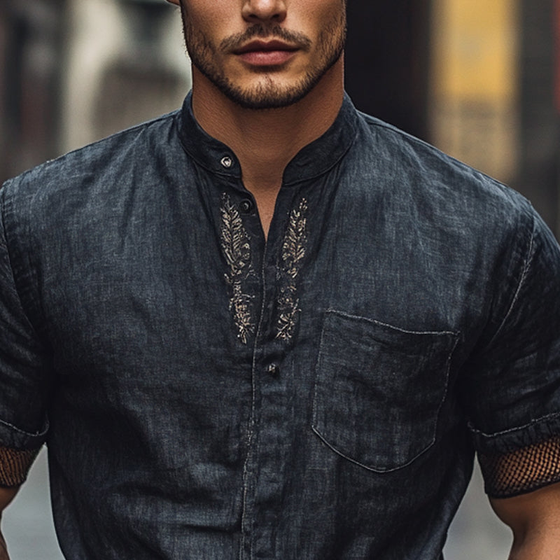 Men's Solid Color Embroidered Stand Collar Short Sleeve Shirt MTA2747E8X
