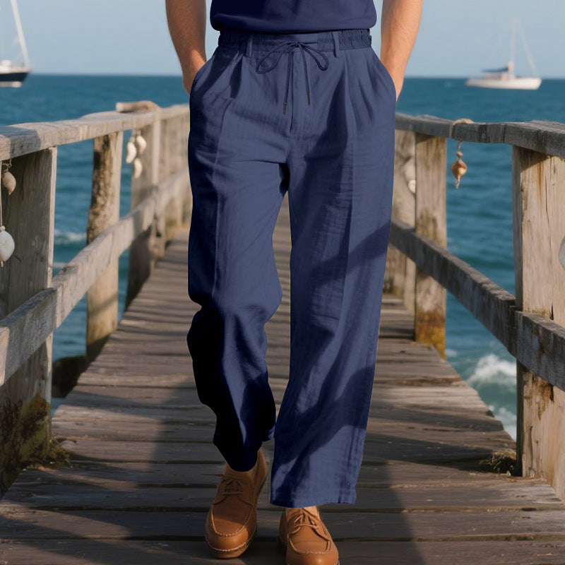 Men's Solid Color Cotton And Linen Holiday Elastic Waist Casual Pants MTA1606E9X