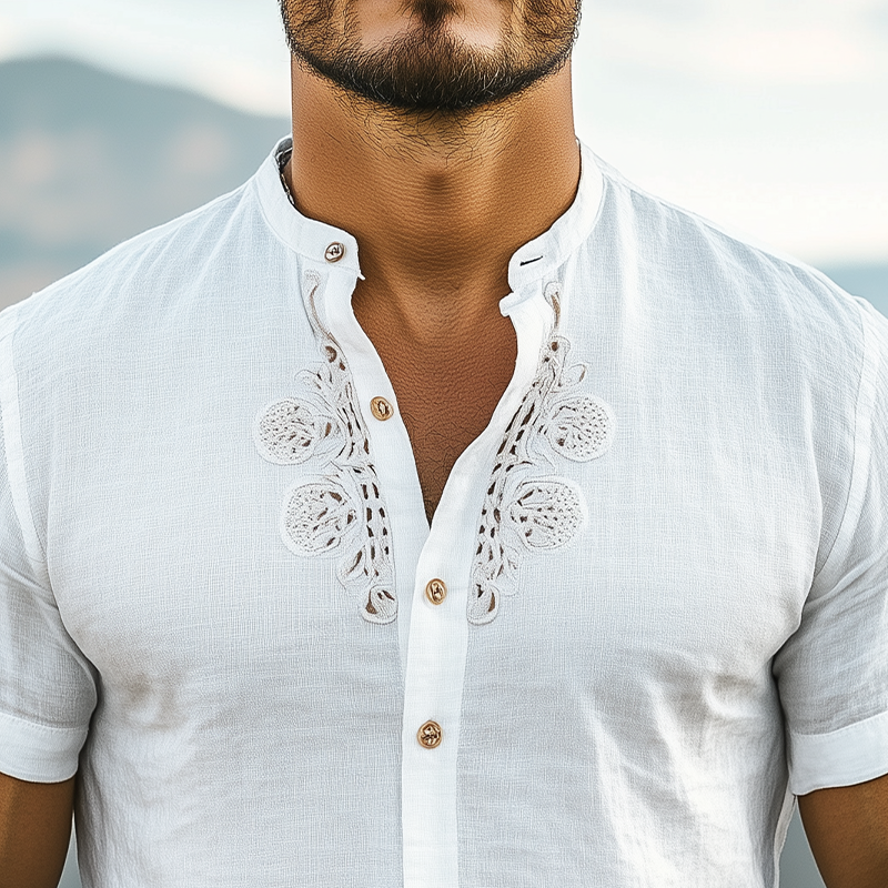 Men's summer Classic Western Style Cotton and Linen Stand Collar Hollow Embroidery Short-sleeved Shirt MTA2276D8K