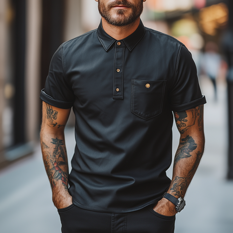 Men's Vintage Leather Lapel Short Sleeve T-Shirt MTA2606F2TO