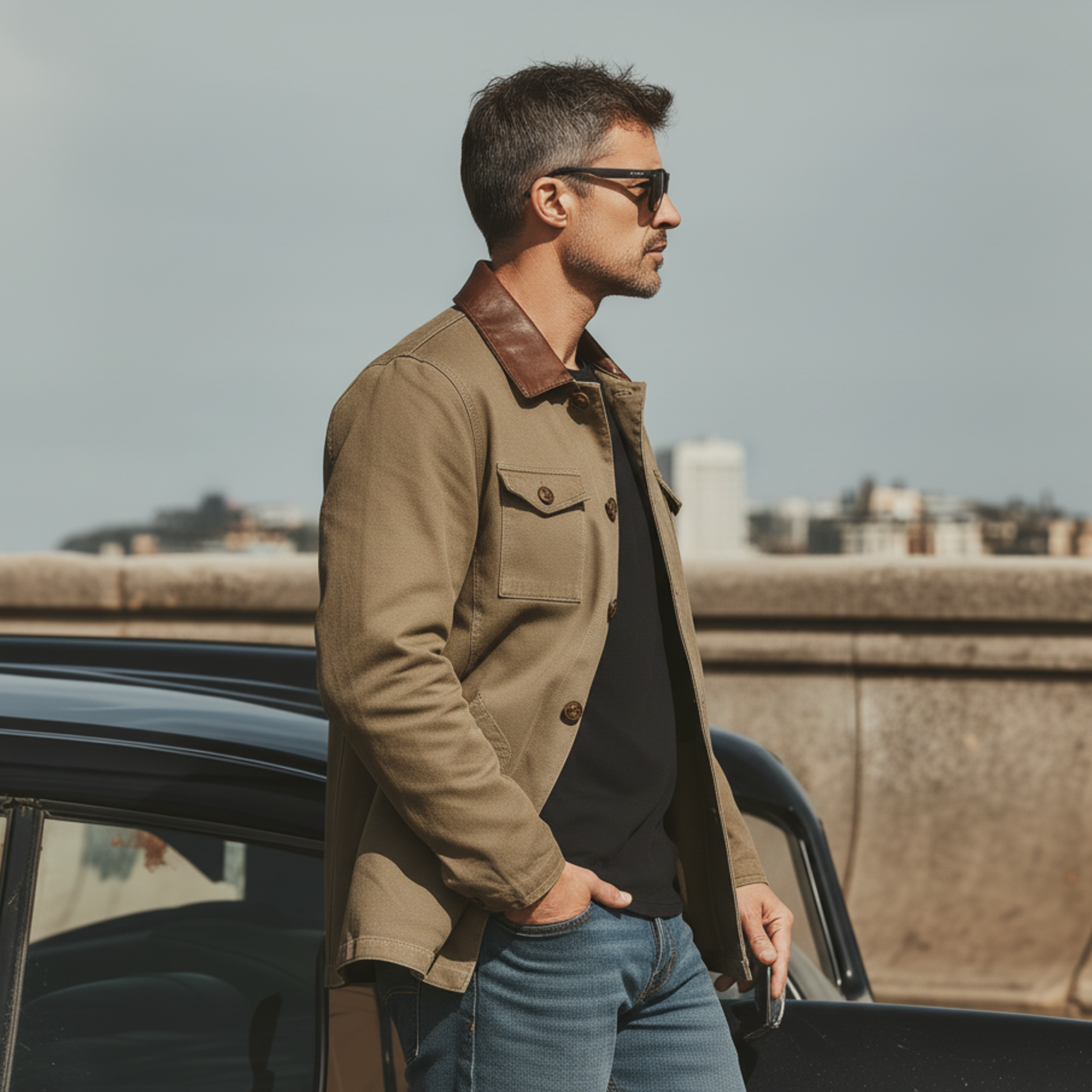 Men's Classic Casual PU Leather Collar Multi-pocket Cotton Blend Jacket MTA2091L0K