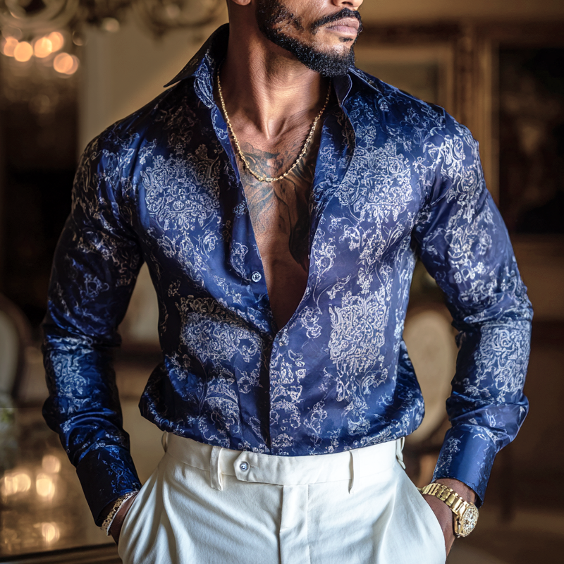 Men's Vintage Print Satin Lapel Long Sleeve Shirt MTA1186H1Z
