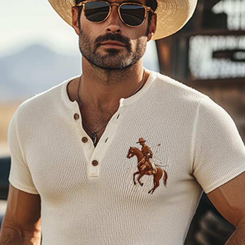 Men's Spring And Summer Fashion Casual Western Cowboy Style Henry Collar Slim Thin Knitted Embroidery Short Sleeve T-shirt MTA1559E4K