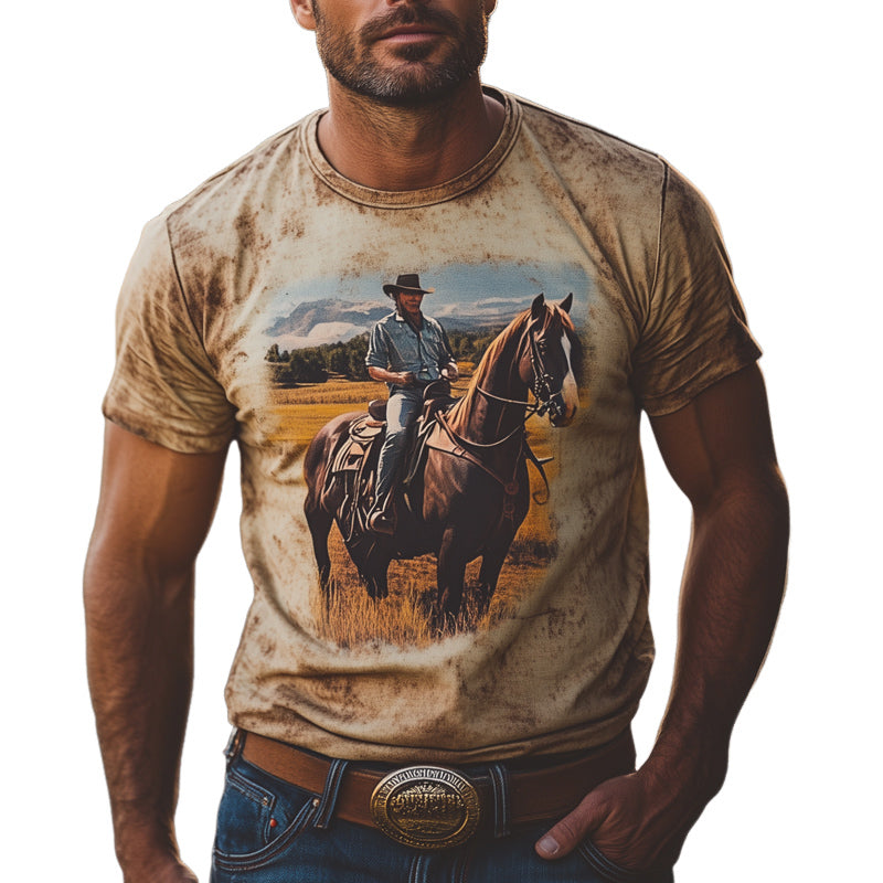 Men's Summer Western Cowboy Style Retro Print Round Neck T-Shirt MTA2934D7U