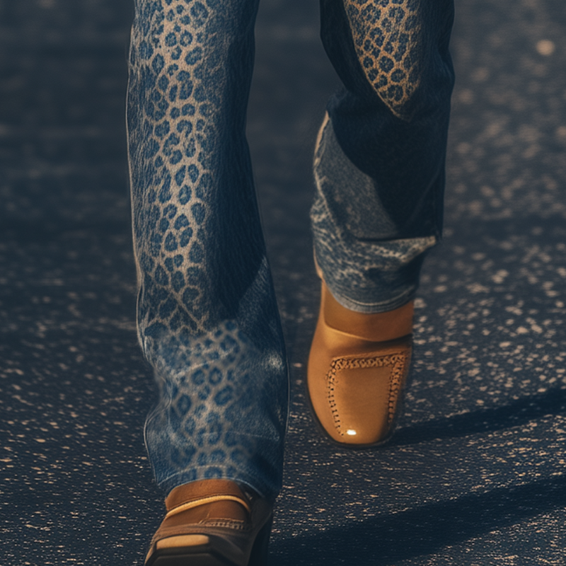 Men's Spring And Summer Fashion Retro Western Cowboy Style Washed Denim Leopard Print Casual Pants MTA1337E1K