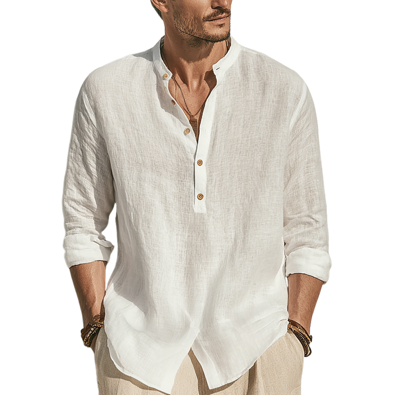 Men's Solid Color Cotton And Linen Henley Collar Long Sleeve Shirt MTA1017G0Z