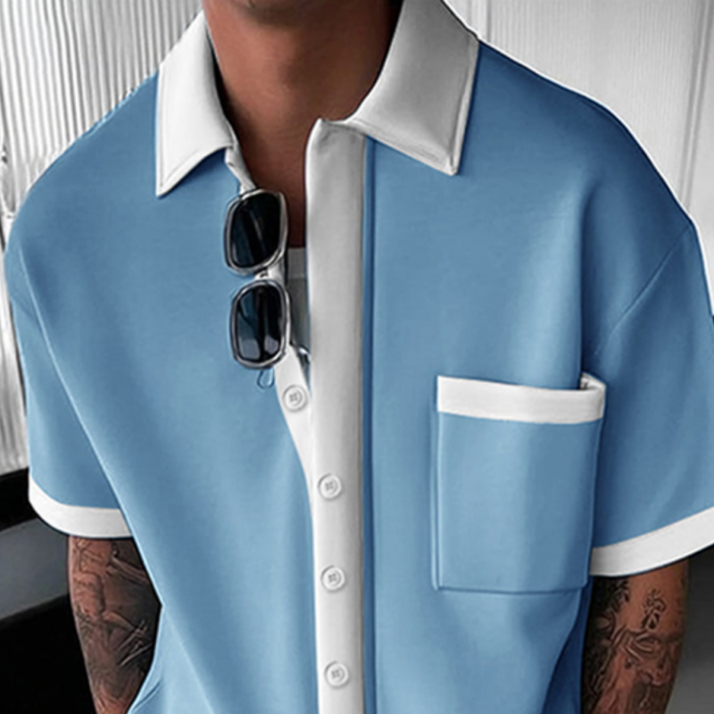 Men's Casual Cotton Blended Colorblock Lapel Patch Pocket Loose Short Sleeve Shirt Elastic Waist Trousers Set MTA2674E2M