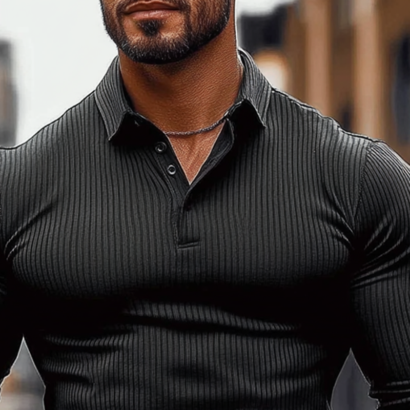 Men's Striped Textured Basic Elastic Long-sleeved POLO Shirt MTA1139J2X