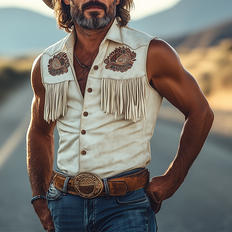 Men's Spring And Summer Fashion Retro Western Cowboy Style Tough Guy Thin Suede Embroidered Tassel Slim Sleeveless Shirt MTA1558E7K
