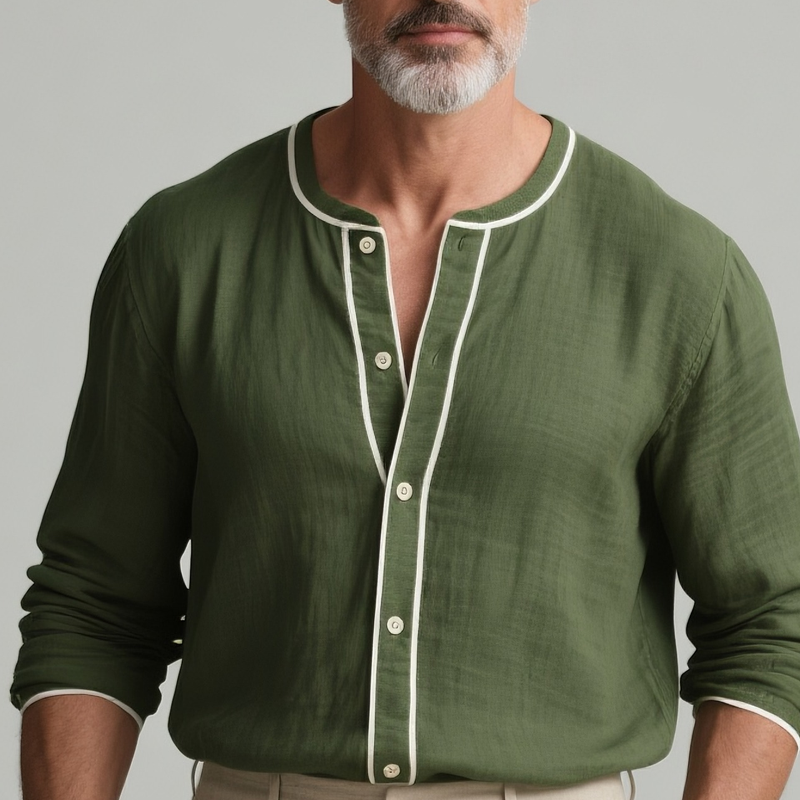 Men's White Trim Round Neck Long Sleeve Cotton And Linen Shirt MTA2366G0Z