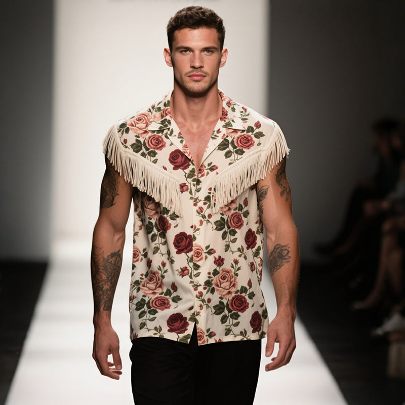 Men's Retro Casual Rose Knight Print Tassel Lapel Sleeveless Shirt MTA2955E4TO