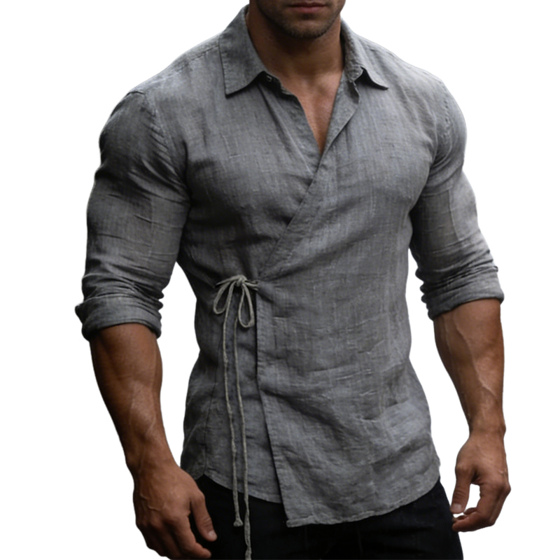 Men's Vintage Casual Cotton And Linen Lapel Long-Sleeved Shirt MTA1693L4TO