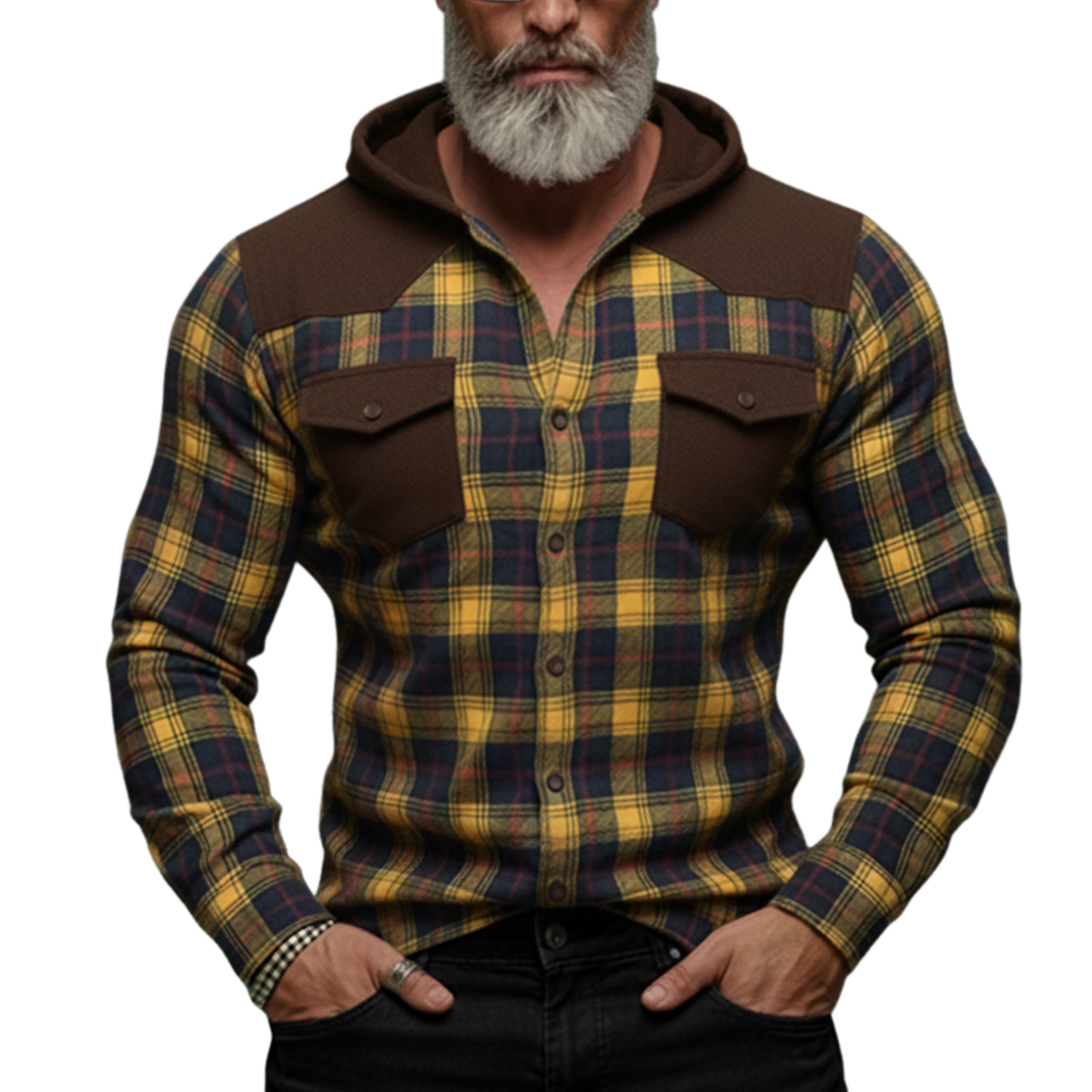 Men's Classic Casual Rugged Style Patchwork Faux Suede Hooded Plaid Brushed Long-sleeved Shirt MTA1365K0K