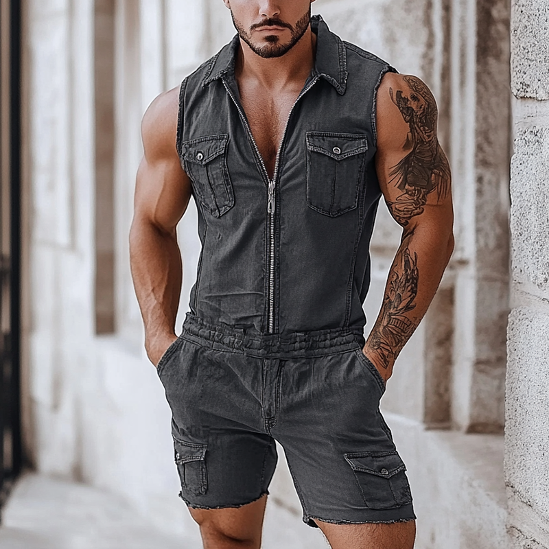 Men's Fashion Lapel Sleeveless Zipper Multi-Pocket Denim Jumpsuit MTA2399F8Y