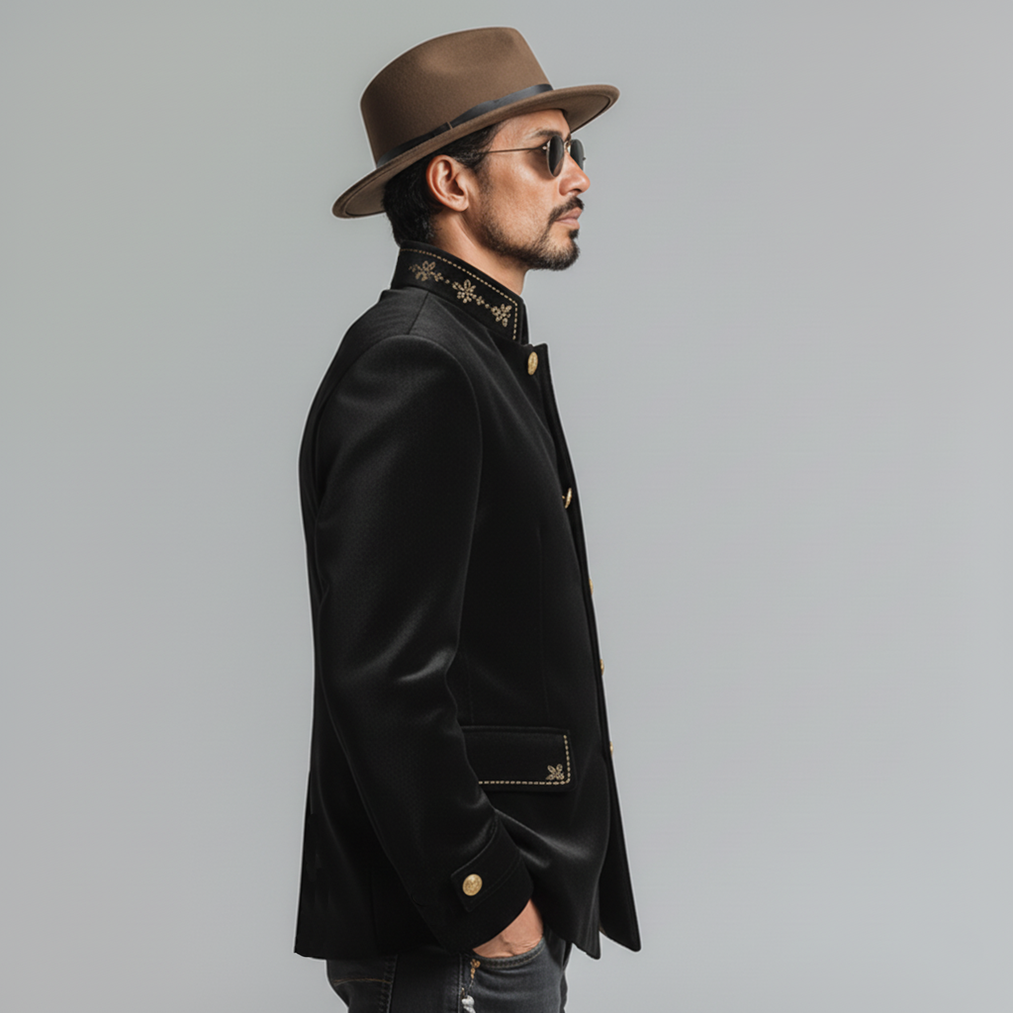 Men's Classic Retro Stand-collar Embroidered Faux Velvet Single-breasted Jacket MTA0559L2K