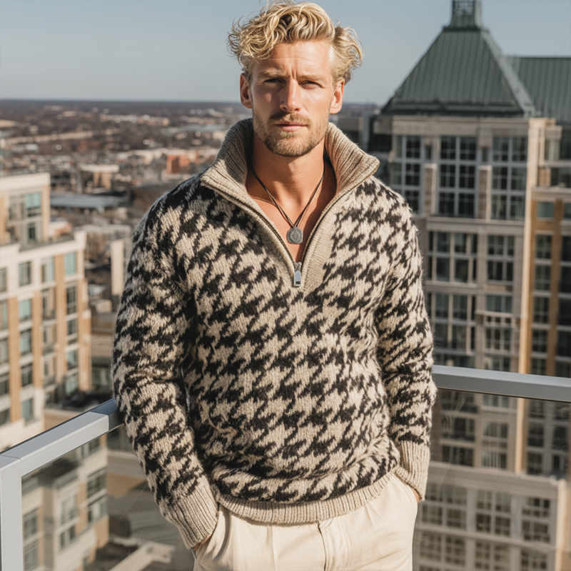 Men's Classic Houndstooth Stand Collar Quarter Zip Knit Sweater MTA1195J9U