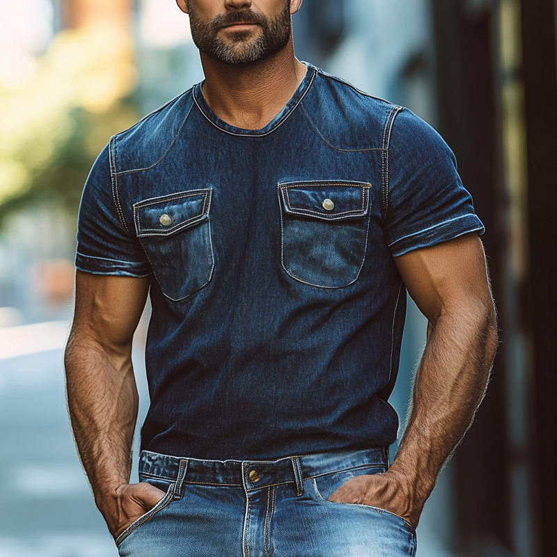 Men's Summer Retro Round Neck Double Pocket Denim Short Sleeve T-Shirt MTA2401F4U