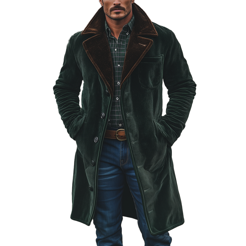 Men's Winter Retro Color-blocked Corduroy Long Button Coat MTA0595K4P