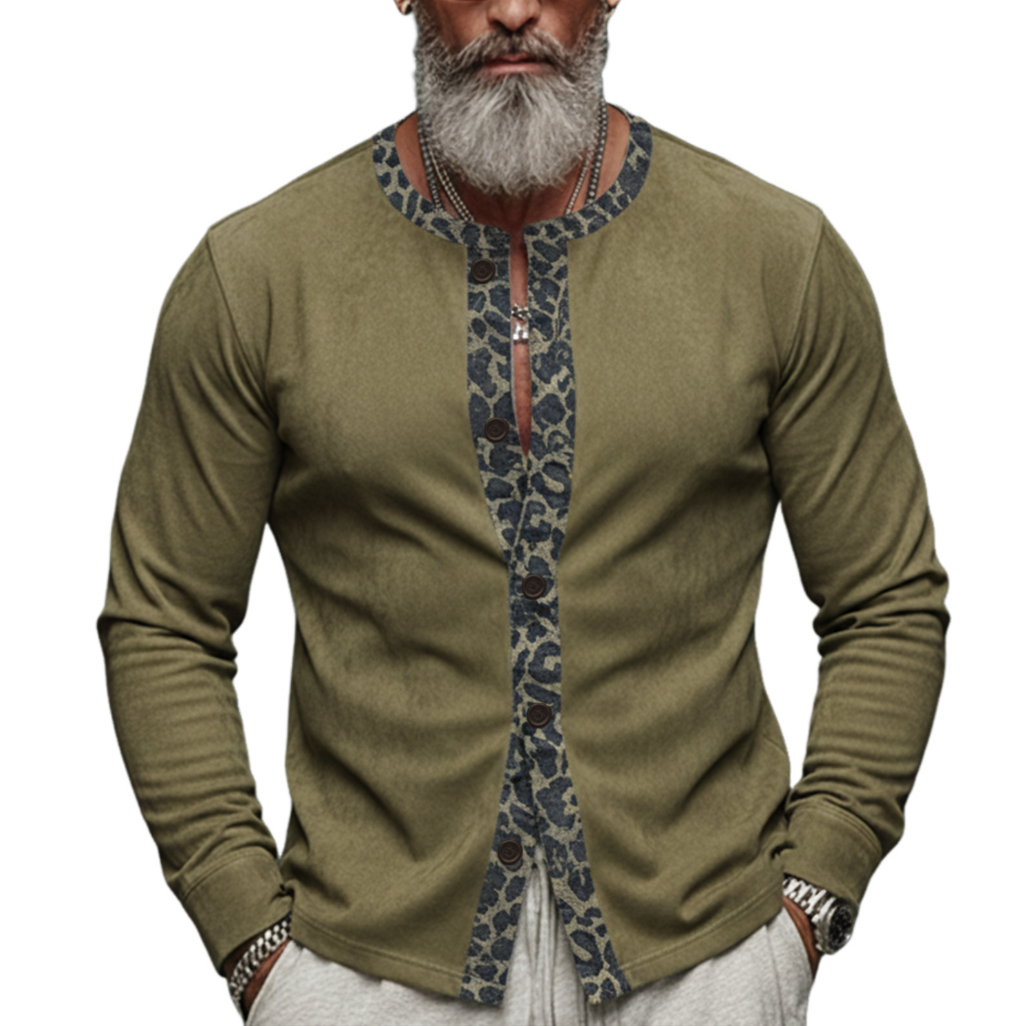 Men's Classic Casual Denim Jacquard Leopard Print Patchwork Faux Suede Long-Sleeve Shirt MTA1230L3K