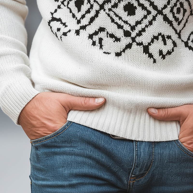 Men's Retro Simple Knitted Jacquard Cotton Yarn Crew Neck Sweater MTA3098J3P