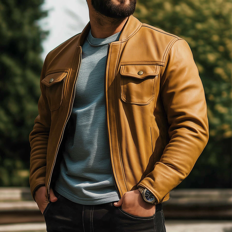 Men's Classic Orange Zip-up PU Leather Motorcycle Jacket MTA0403K9U