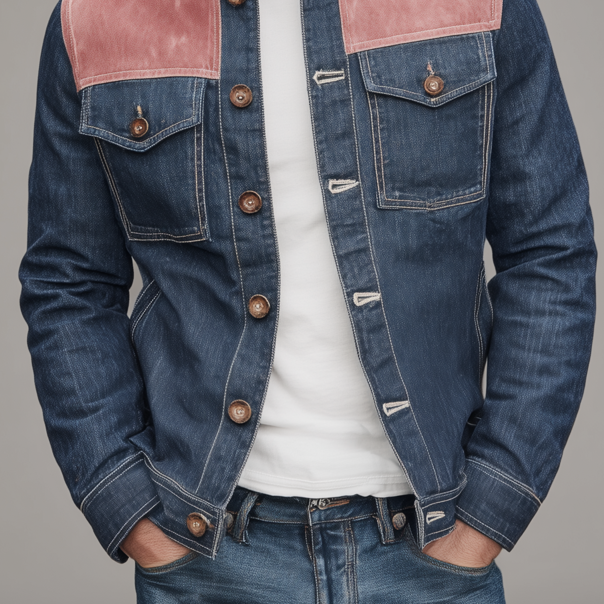Men's Classic Casual Denim And Pink Suede Stand-up Collar Jacket MTA2657H7K