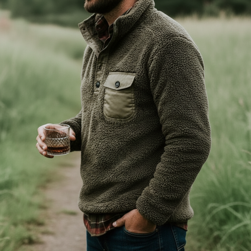 Men's Urban Army Green Stand Collar Sherpa Pullover Sweatshirt MTA1776K6U