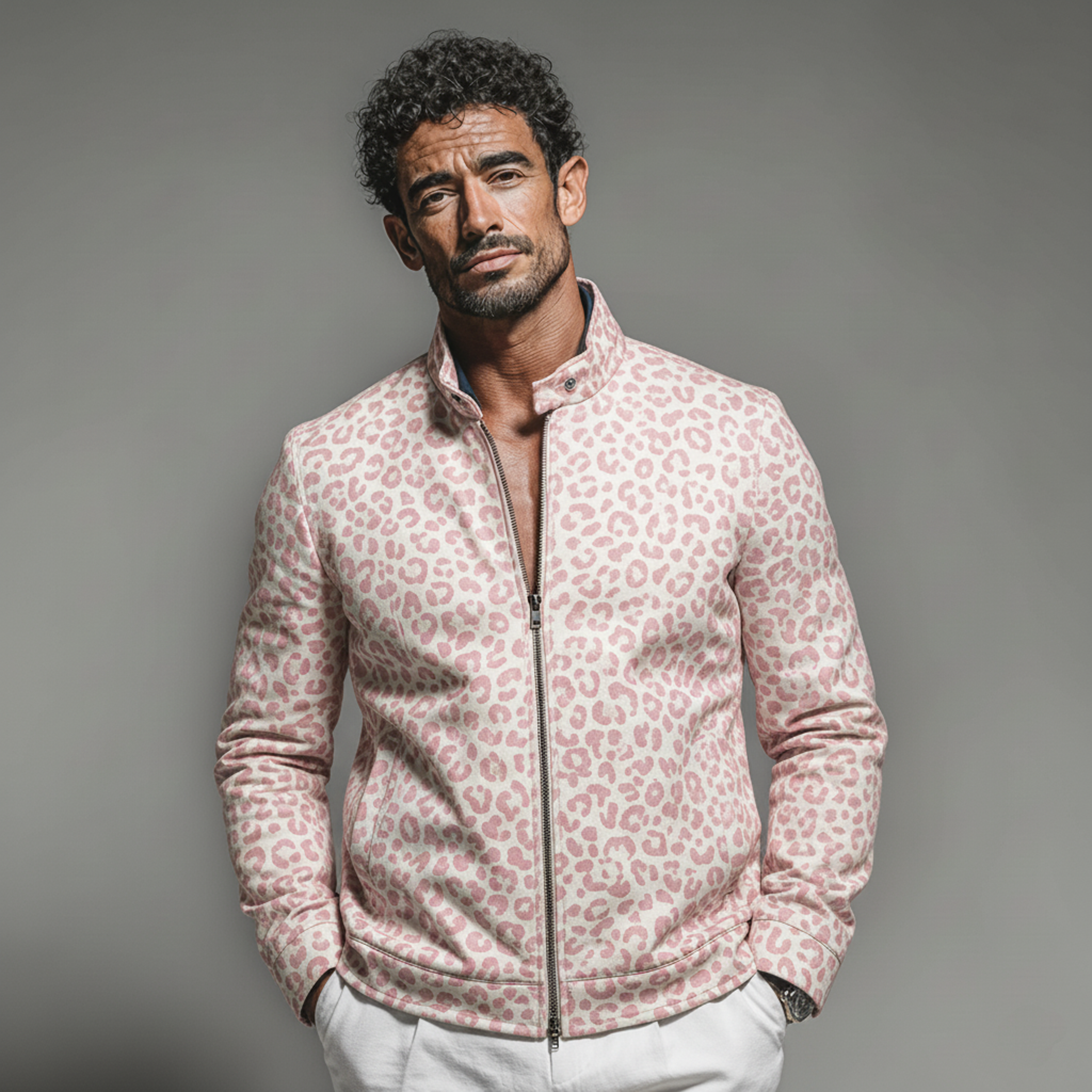 Men's Classic Casual Stand-collar Pink Leopard Print Denim Zip-up Jacket MTA1902L8K