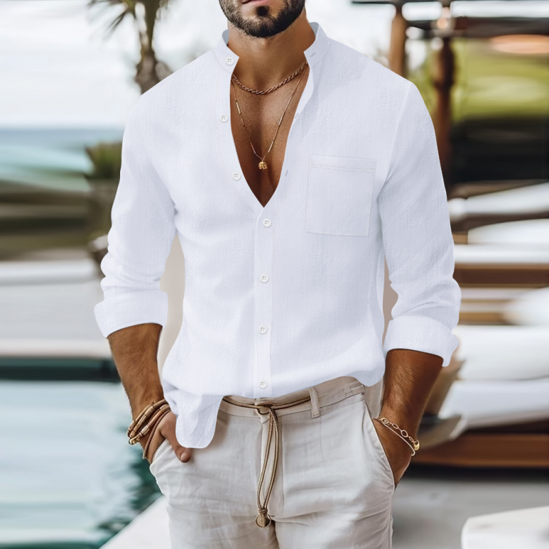 Men's Casual Breathable Solid Color Cotton Linen Stand-up Collar Patch Pocket Slim Fit Long Sleeve Shirt MTA0781G1M