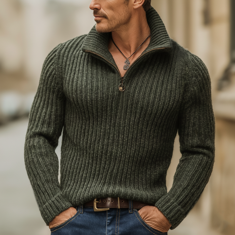 Men's Classic Army Green Striped Quarter-zip Stand Collar Slim-fit Sweater MTA0150K8U