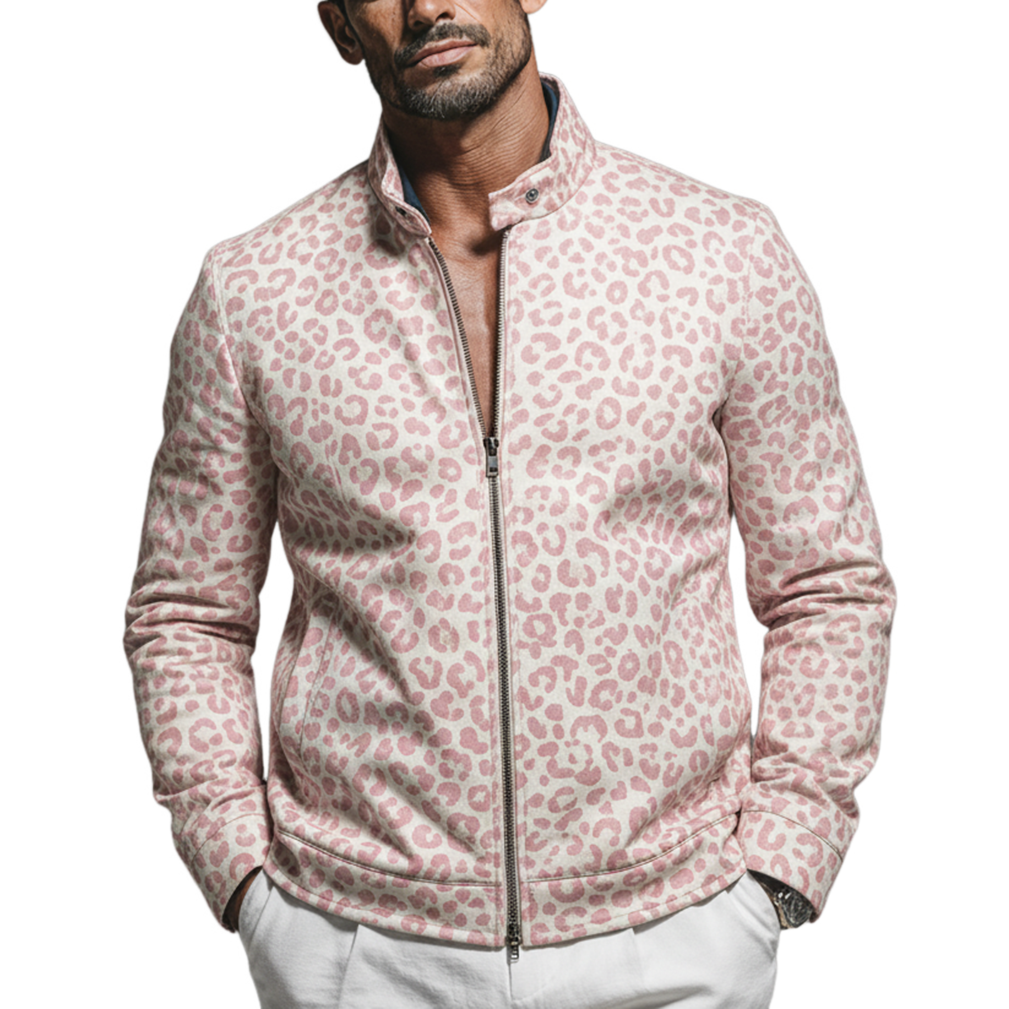Men's Classic Casual Stand-collar Pink Leopard Print Denim Zip-up Jacket MTA1902L8K