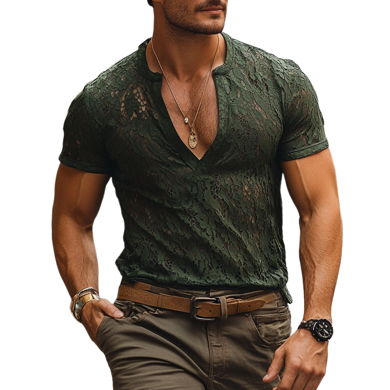 Men's Fashion Lace V Neck Short Sleeve T-shirt MTA2024E7Z