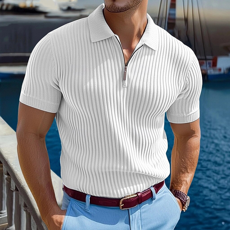 Men's Knitted Striped Zipper Short-sleeved POLO Shirt MTA1540G6X