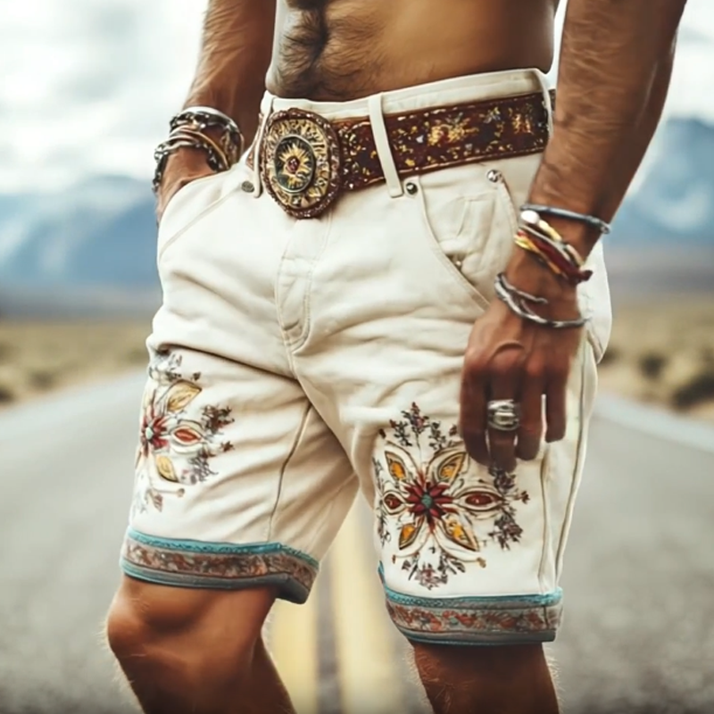 Men's Spring and Summer Fashion Retro Thin Suede Embroidered Shorts (Without Belt) MTA1525D6K