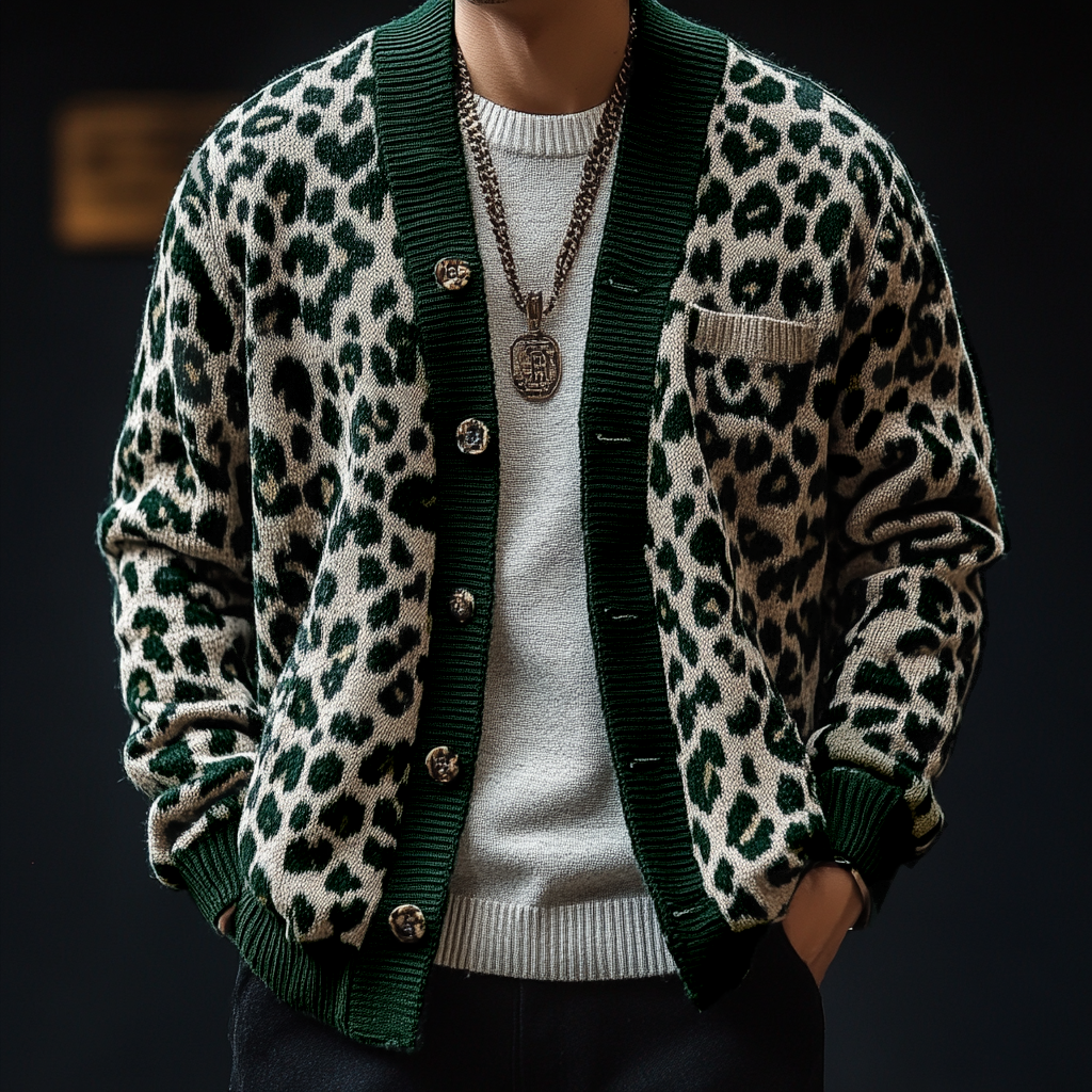 【Spedizione in 24 ore】Cardigan monopetto vintage da uomo con motivo leopardato jacquard colorblock 17268231Y