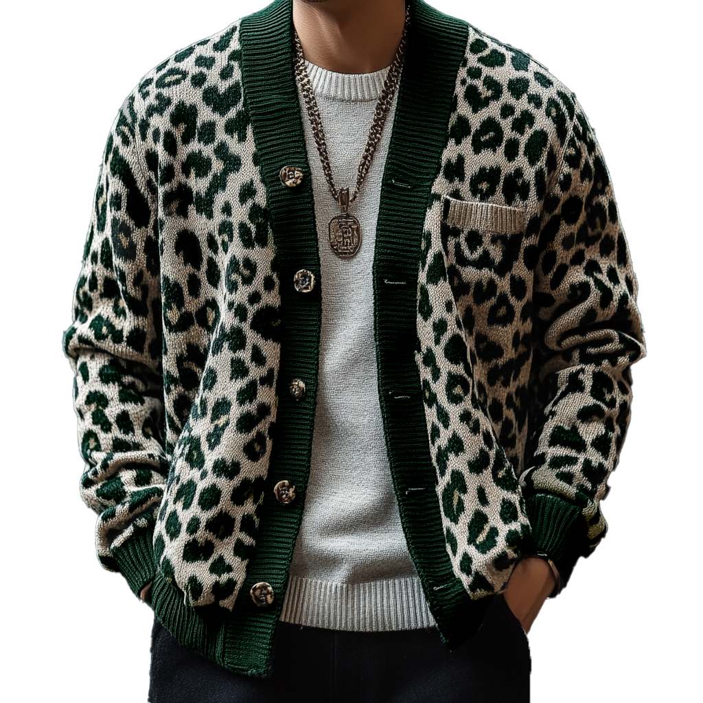【Spedizione in 24 ore】Cardigan monopetto vintage da uomo con motivo leopardato jacquard colorblock 17268231Y