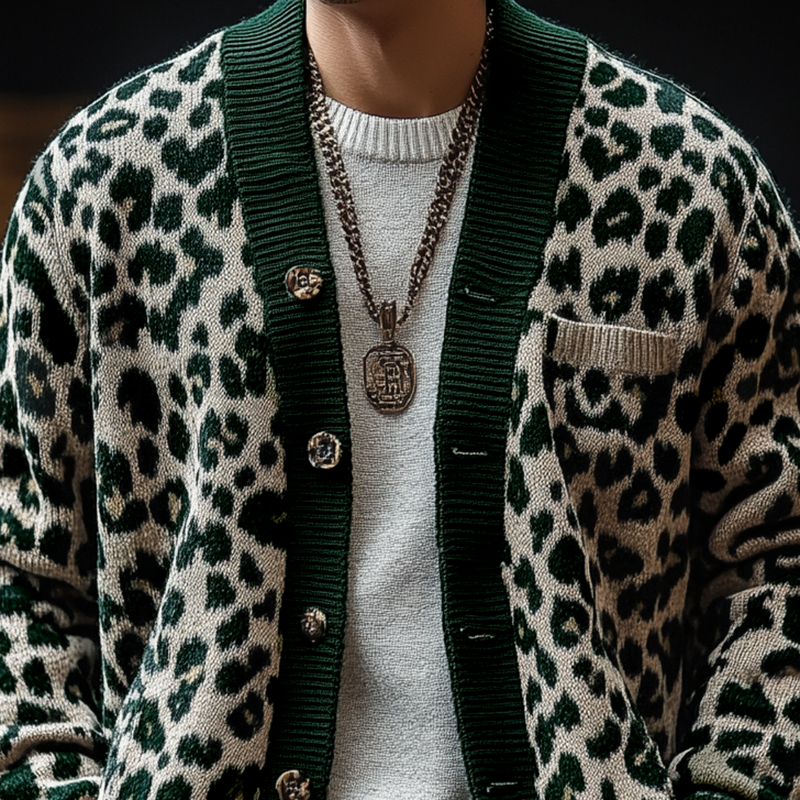 【Spedizione in 24 ore】Cardigan monopetto vintage da uomo con motivo leopardato jacquard colorblock 17268231Y