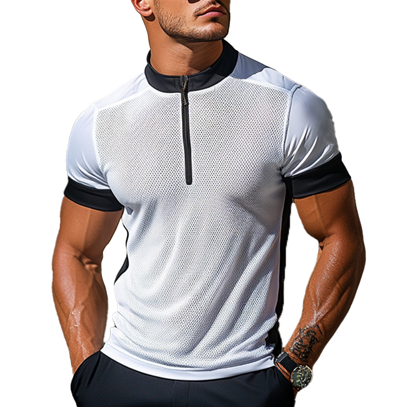 Men's Mesh Colorblock Zipper Stand Collar Sports Golf Polo Shirt MTA0922F1Y
