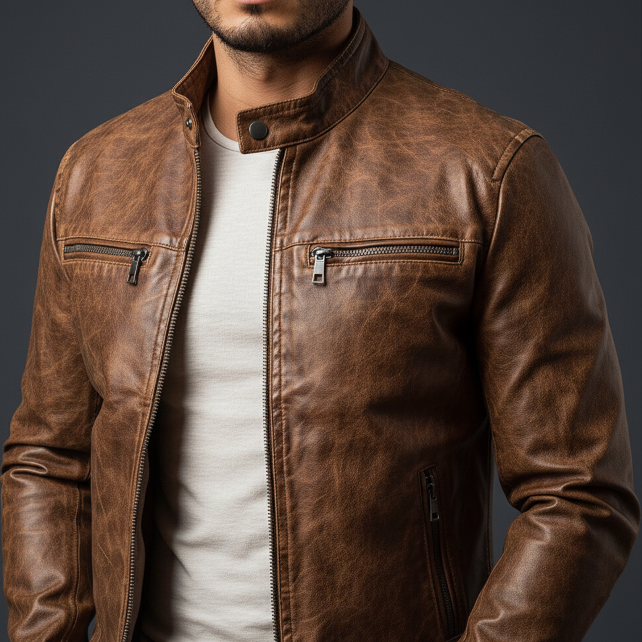 Men's Classic Retro Stand Collar PU Leather Zipper Jacket MTA2504J9K