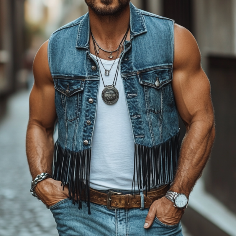 Men's Vintage Washed Distressed Lapel Single-breasted Hem Patchwork Tassel Denim Vest MTA2167E3M
