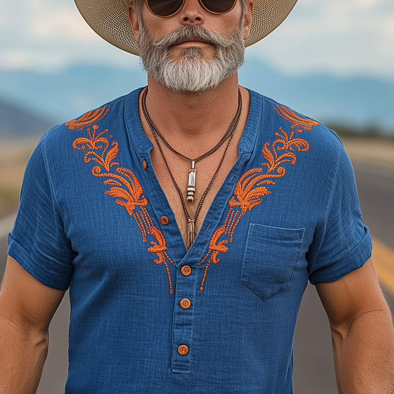 Men's Spring And Summer New Casual Vacation Retro Western Cowboy Style Cotton And Linen Embroidered Henry Collar Short-Sleeved T-Shirt MTA0918E3K