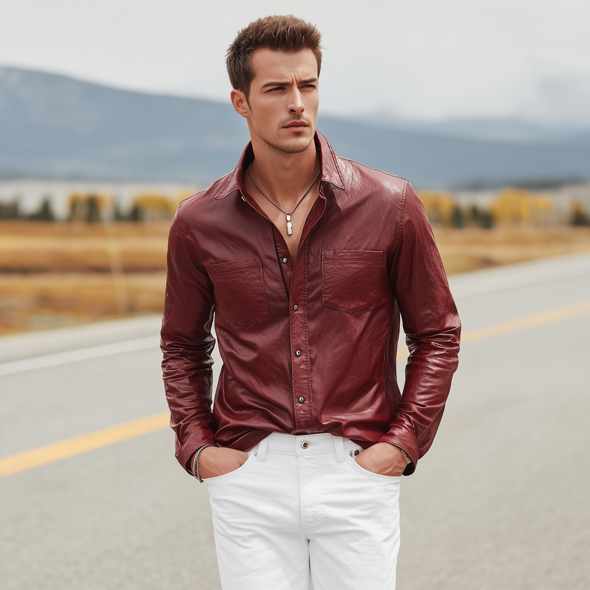 Men's Fashion Casual Pu Leather Slim Fit Metal Button Long Sleeve Shirt MTA0453H3K