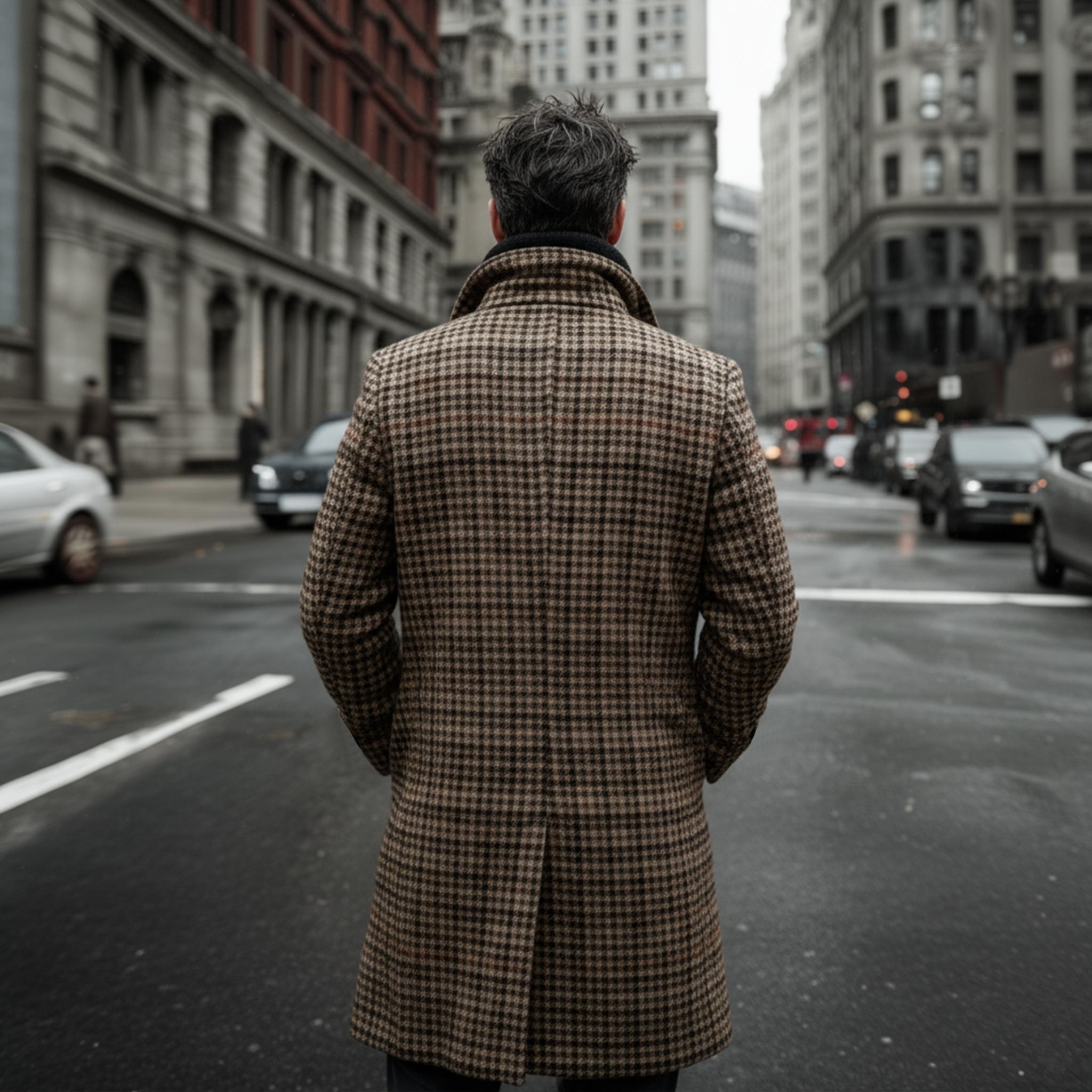 Men's Classic Vintage Faux Houndstooth Wool Double-breasted Knee-length Coat MTA2561I0K