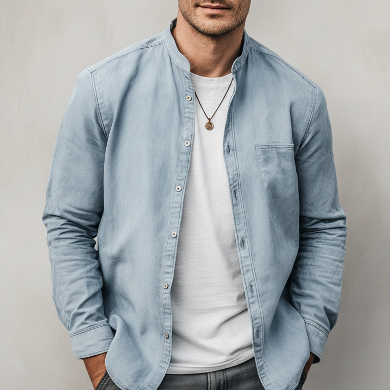 Men's Classic Light Blue Faux Suede Long-sleeved Shirt MTZ2825A3U