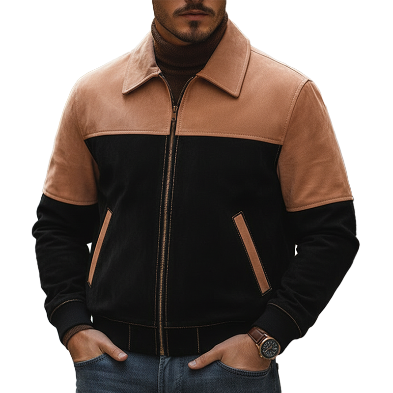 Men's Vintage Color-block Faux Suede Zip-up Jacket MTA2373L9P