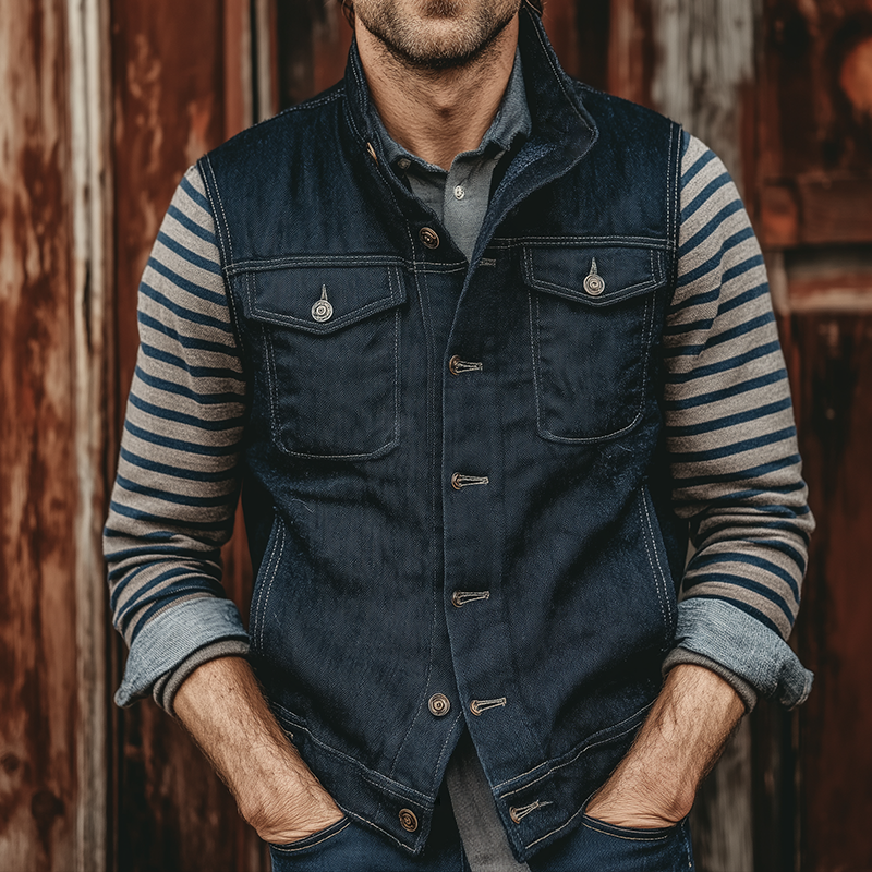 Men's Retro Casual Lapel Denim Washed Vest MTA2749K8TO