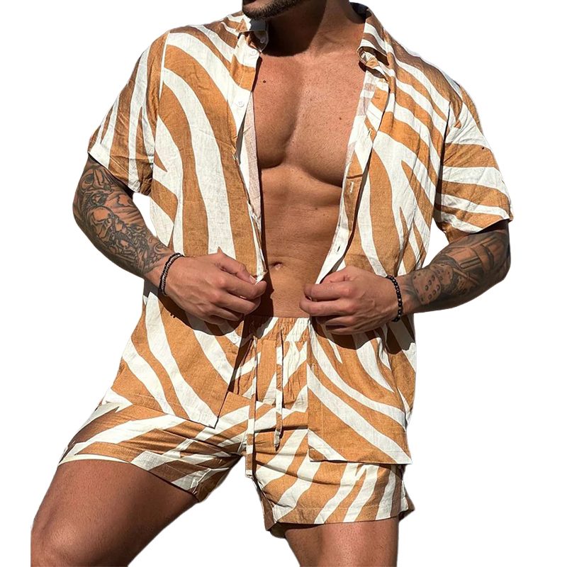 Herre vår- og sommermote, uformelt, sebrastripete skjorte med korte ermer, silkebomull, sett med shorts i elastisk midje, MTA0588G8K