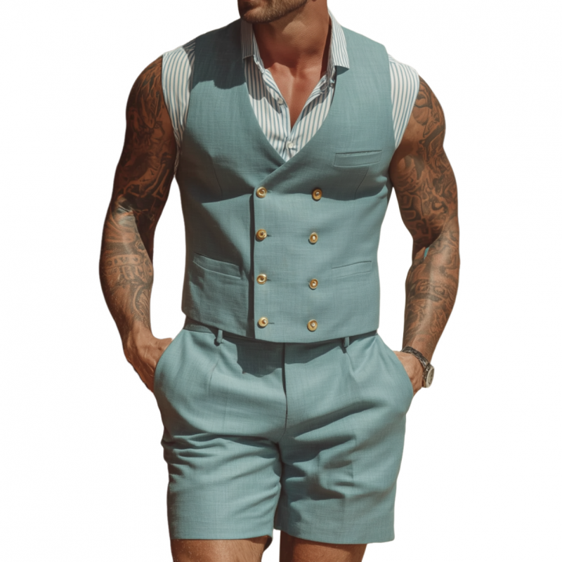 Men's Vintage Elegant Cotton Blend V-Neck Double-Breasted Slim Fit Suit Vest Shorts Set (Shirt Excluded) MTA1840F6M