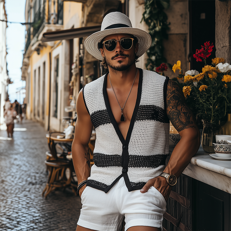 Men's Summer Fashion Casual Black And White Horizontal Striped Deep V-neck Knitted Vest MTA2680F3K